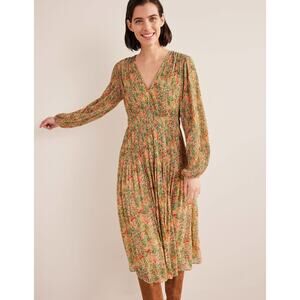 Boden V Neck Plisse Midi Dress Floral Smocked Waist Long Sleeve Size 10